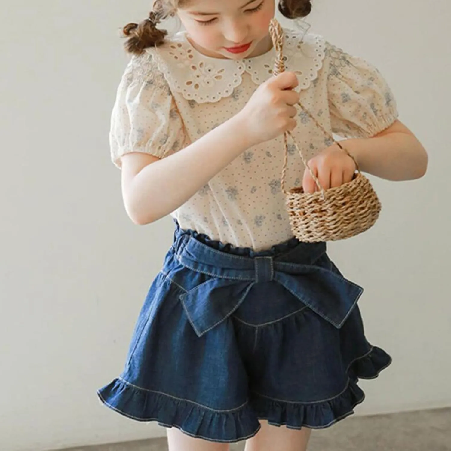 Girls Denim Shorts 2 Layers Ruffles Lace Kids Baby Workout Fashion Skirt Shorts Summer Beach Sports Short Pants