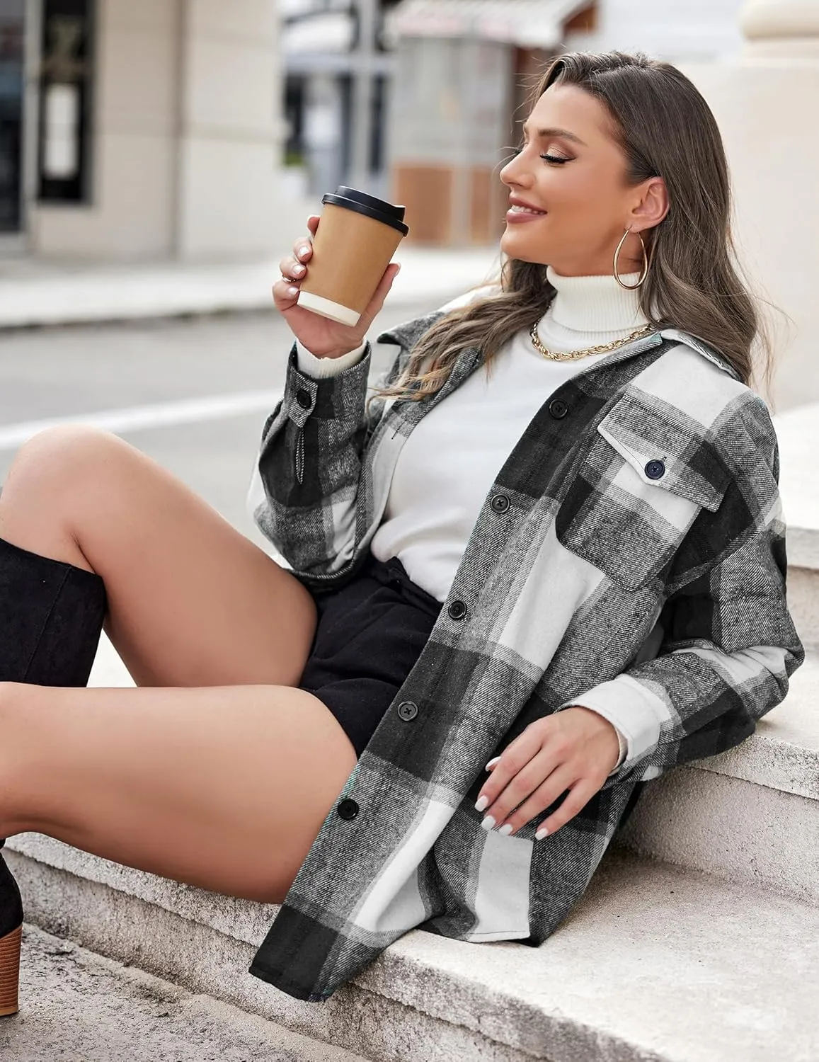 IN'VOLAND Womens Plus Size Shacket Jacket Flannel Plaid Long Sleeve Button Down Shirts Casual Fall Blouses Tops