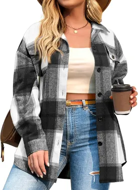 IN'VOLAND Womens Plus Size Shacket Jacket Flannel Plaid Long Sleeve Button Down Shirts Casual Fall Blouses Tops