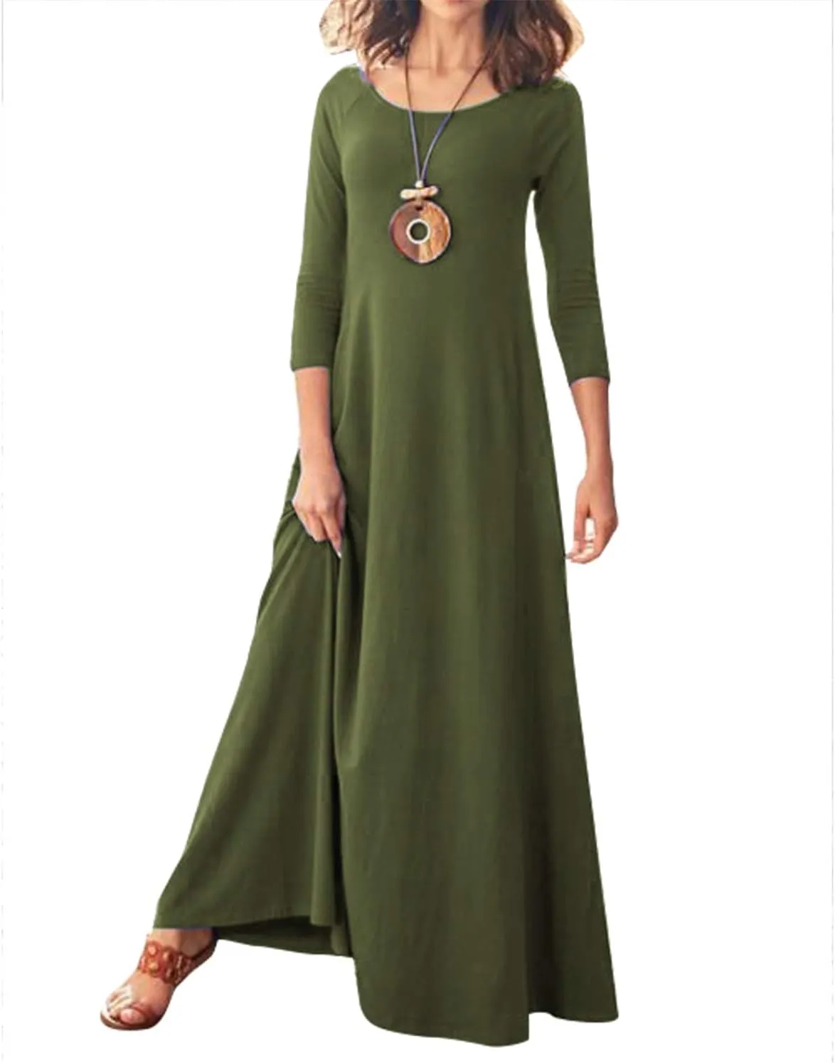 Jacansi Women's Cotton 3/4 Long Sleeve Maxi Dress Casual Home Dress Pocket Oversize