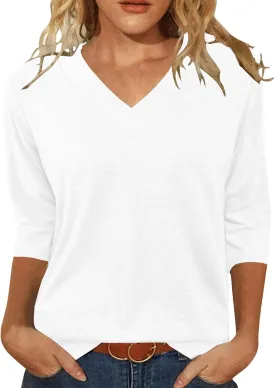 JomeDesign Womens Tops 3/4 Length Sleeve Summer V Neck Shirts Casual Tunic Tops 2025