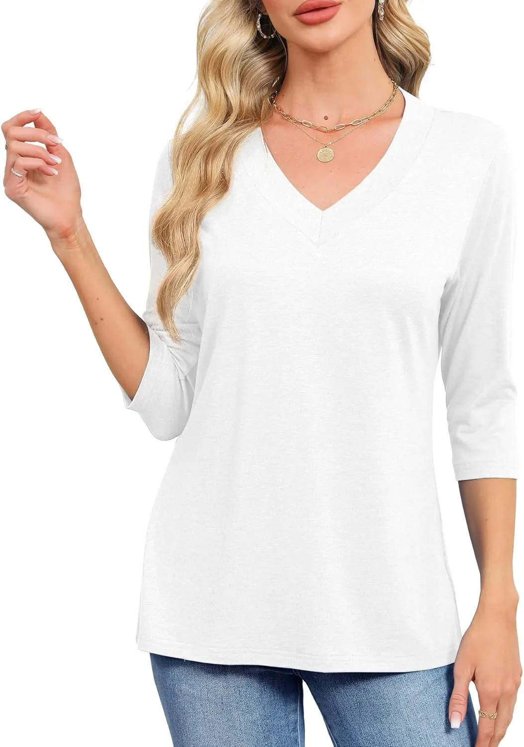JomeDesign Womens Tops 3/4 Length Sleeve Summer V Neck Shirts Casual Tunic Tops 2025
