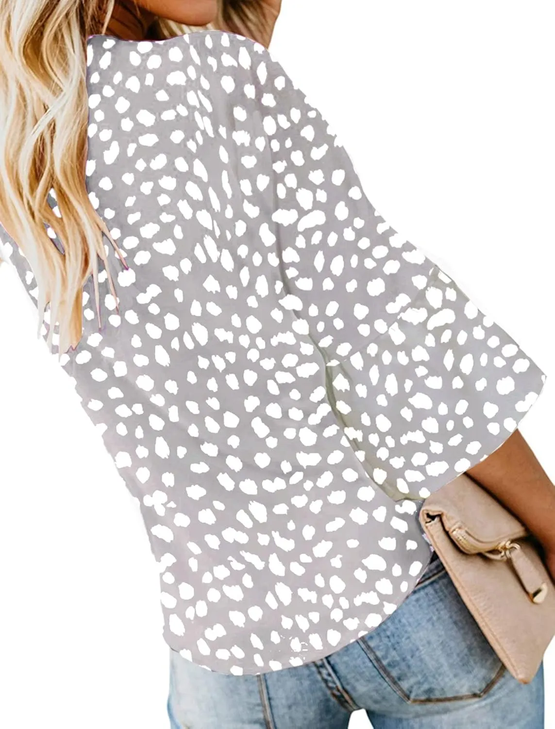 Kancystore Womens Button Down V Neck Tie Knot Front Tops 3/4 Sleeve Chiffon Casual Blouse Shirts