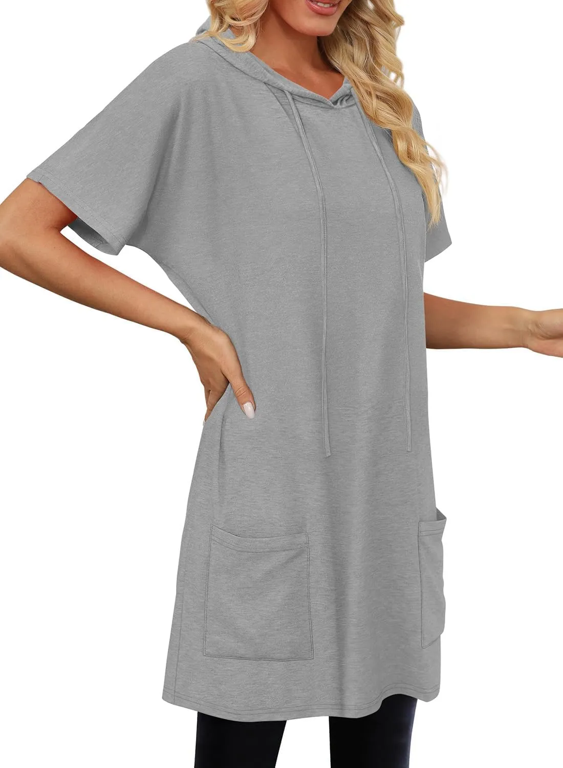 KISSMODA Women's Short Sleeve Tunic Tops Summer for Leggings T-shirts Long Tunics with Pockets Dresses Pullover Hoodies