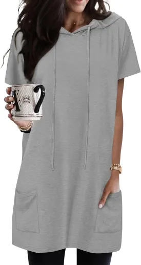 KISSMODA Women's Short Sleeve Tunic Tops Summer for Leggings T-shirts Long Tunics with Pockets Dresses Pullover Hoodies
