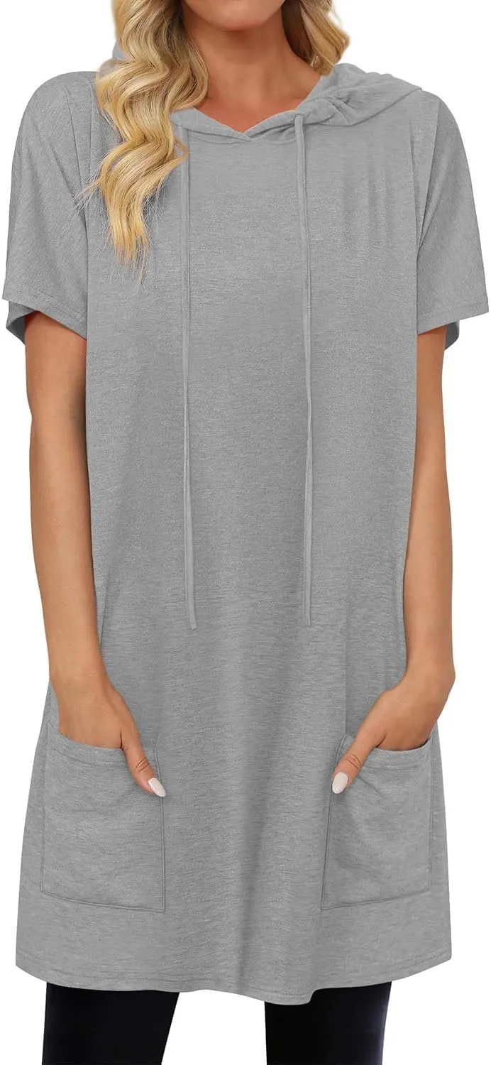 KISSMODA Women's Short Sleeve Tunic Tops Summer for Leggings T-shirts Long Tunics with Pockets Dresses Pullover Hoodies