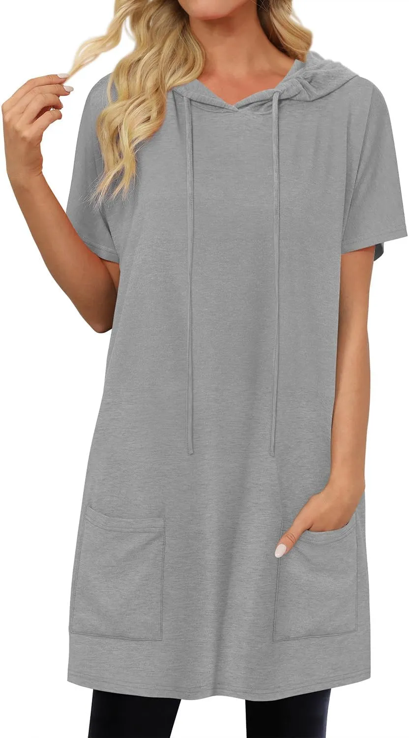 KISSMODA Women's Short Sleeve Tunic Tops Summer for Leggings T-shirts Long Tunics with Pockets Dresses Pullover Hoodies