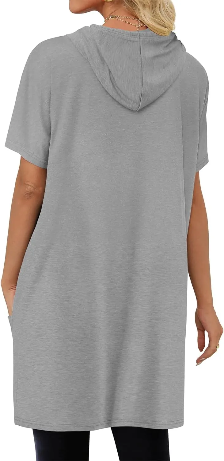 KISSMODA Women's Short Sleeve Tunic Tops Summer for Leggings T-shirts Long Tunics with Pockets Dresses Pullover Hoodies