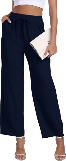 LIGHTBACK Women's Wide Leg Palazzo Pants with Pockets Loose Casual Lounge Pants Comfy Drawstring Work Trousers