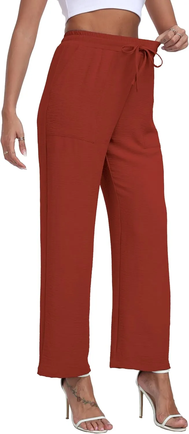 LIGHTBACK Women's Wide Leg Palazzo Pants with Pockets Loose Casual Lounge Pants Comfy Drawstring Work Trousers