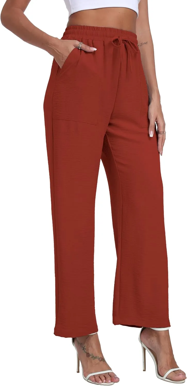 LIGHTBACK Women's Wide Leg Palazzo Pants with Pockets Loose Casual Lounge Pants Comfy Drawstring Work Trousers