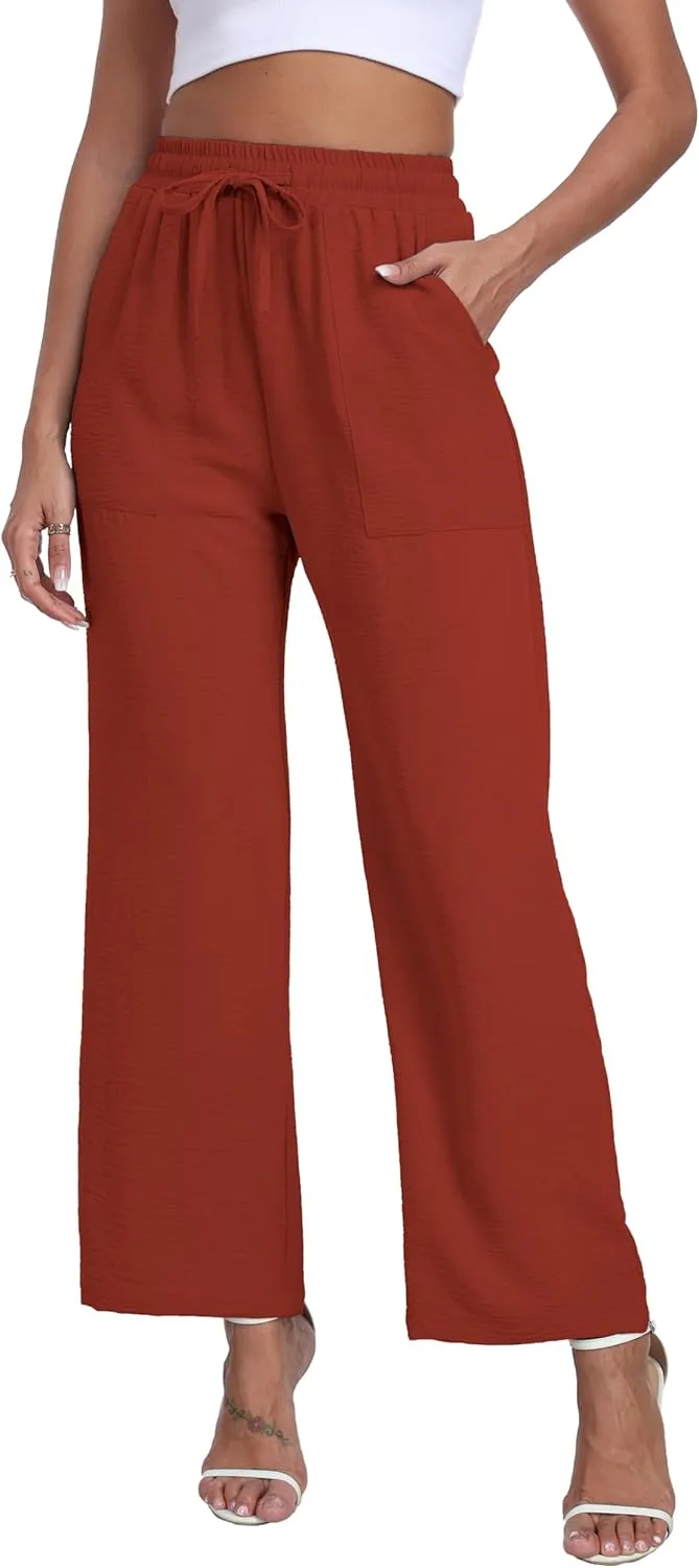 LIGHTBACK Women's Wide Leg Palazzo Pants with Pockets Loose Casual Lounge Pants Comfy Drawstring Work Trousers