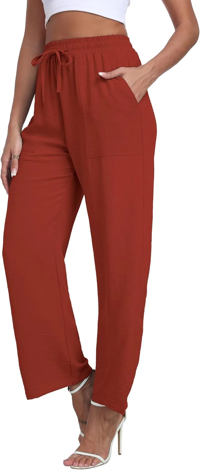 LIGHTBACK Women's Wide Leg Palazzo Pants with Pockets Loose Casual Lounge Pants Comfy Drawstring Work Trousers