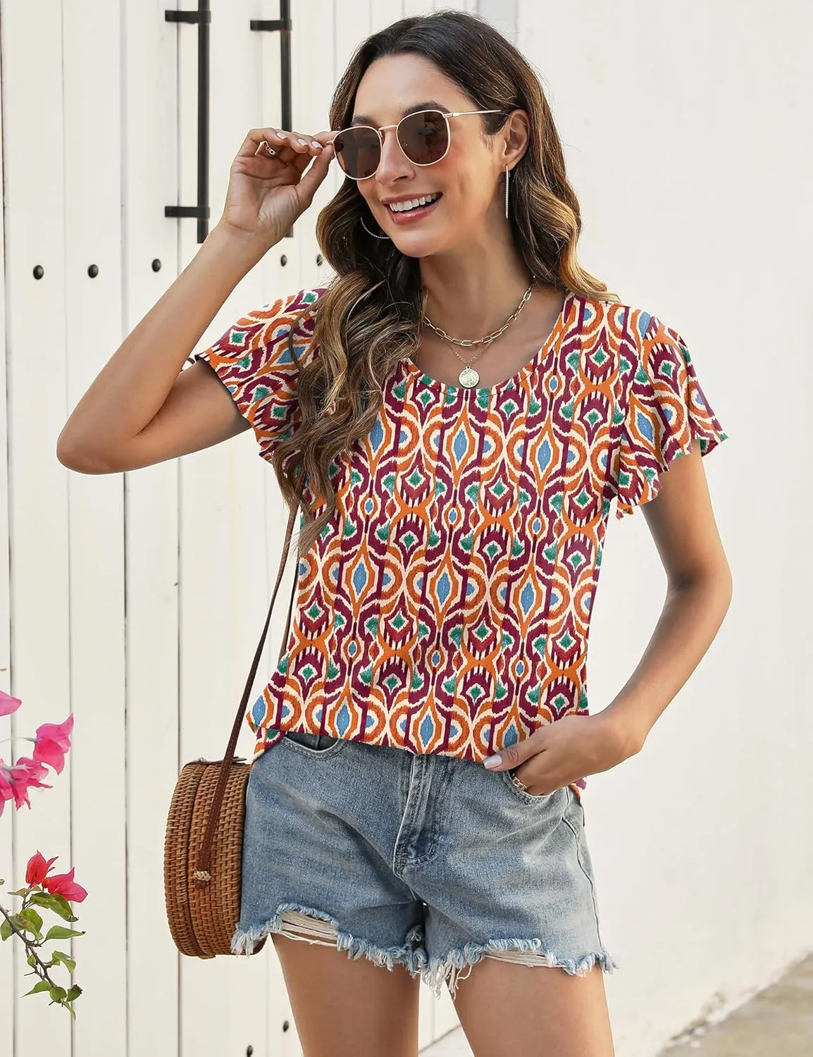 LOMON Womens Summer Tops Dressy Casual Ruffle Short Sleeve Flowy Tunic Shirts Cute Round Neck Blouses