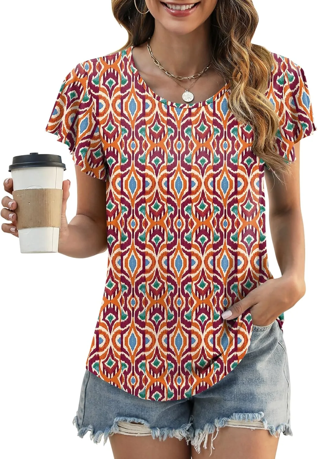 LOMON Womens Summer Tops Dressy Casual Ruffle Short Sleeve Flowy Tunic Shirts Cute Round Neck Blouses