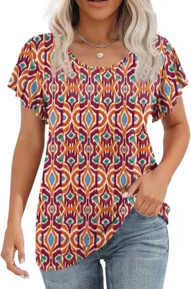 LOMON Womens Summer Tops Dressy Casual Ruffle Short Sleeve Flowy Tunic Shirts Cute Round Neck Blouses