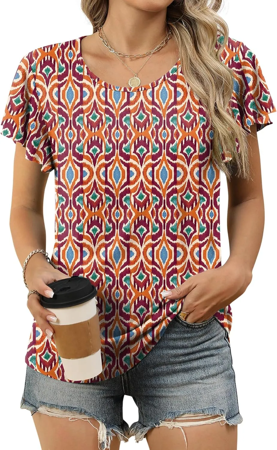 LOMON Womens Summer Tops Dressy Casual Ruffle Short Sleeve Flowy Tunic Shirts Cute Round Neck Blouses