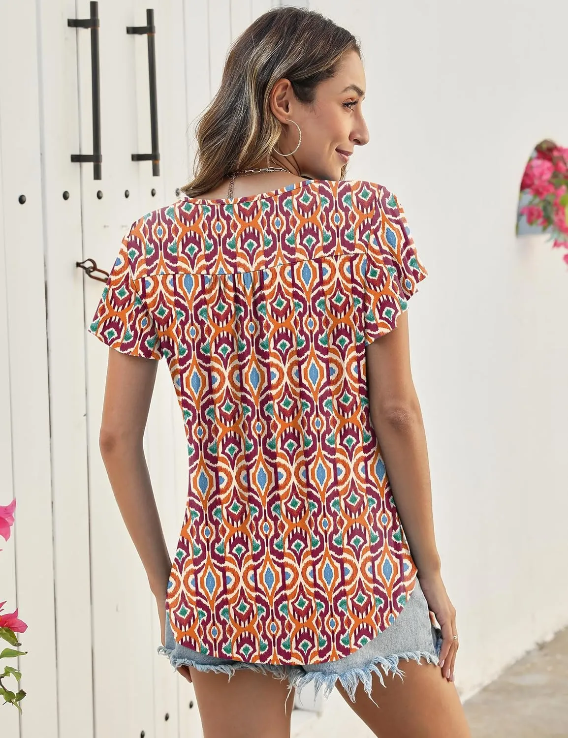 LOMON Womens Summer Tops Dressy Casual Ruffle Short Sleeve Flowy Tunic Shirts Cute Round Neck Blouses