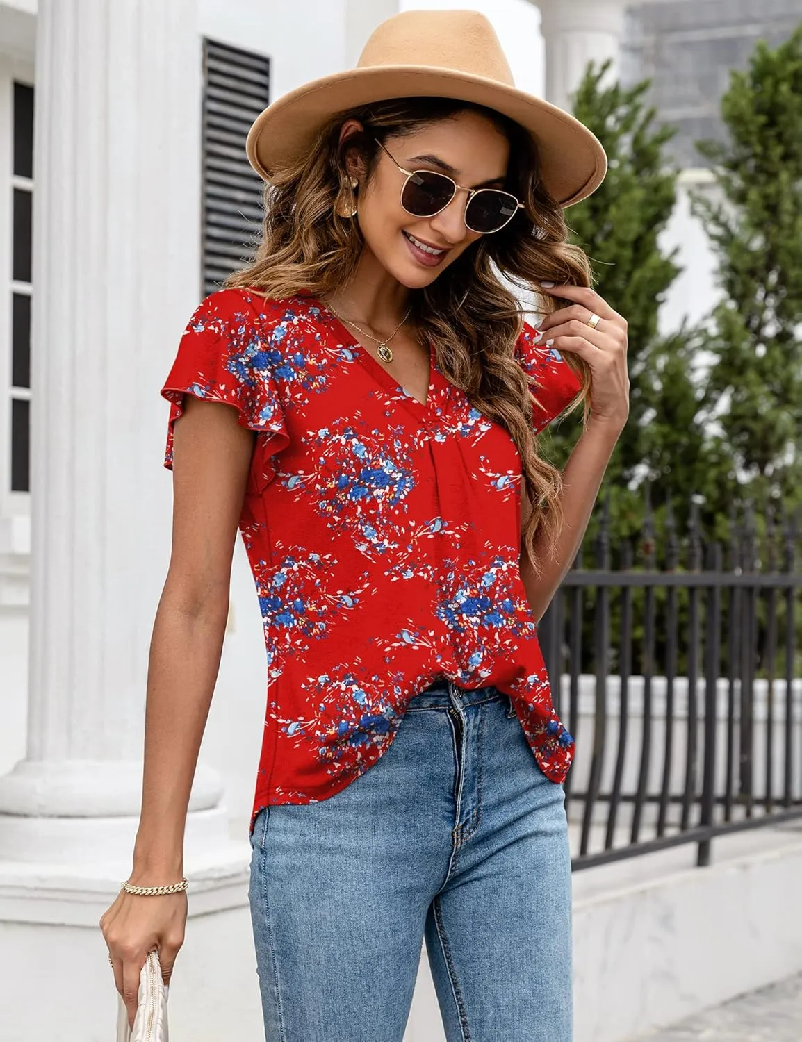 LOMON Womens Tops Dressy Casual Summer Flutter Sleeve T-Shirts Trendy Ruffle Short Sleeve Loose V-Neck Tunic Tops