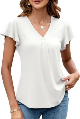 LOMON Womens Tops Dressy Casual Summer Flutter Sleeve T-Shirts Trendy Ruffle Short Sleeve Loose V-Neck Tunic Tops