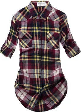 Match Womens Button Down Flannel Plaid Shirts roll up Long Sleeve Shackets Business Blouse Top