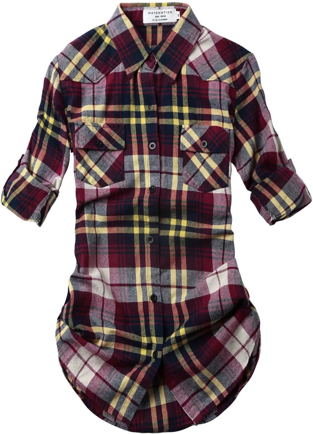 Match Womens Button Down Flannel Plaid Shirts roll up Long Sleeve Shackets Business Blouse Top