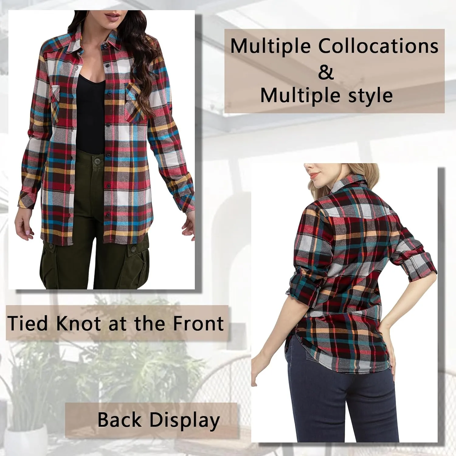 Match Womens Button Down Flannel Plaid Shirts roll up Long Sleeve Shackets Business Blouse Top