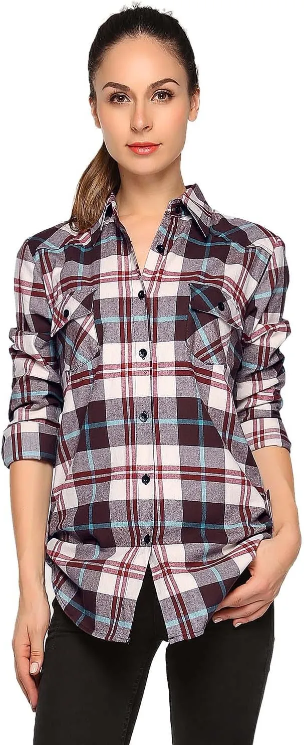 Match Womens Button Down Flannel Plaid Shirts roll up Long Sleeve Shackets Business Blouse Top