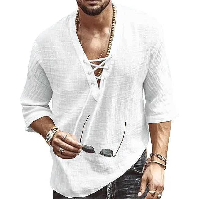 Men's Fashion Shirt Short Sleeve Beach V-Neck Drawstring