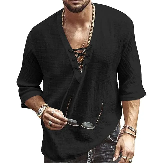Men's Fashion Shirt Short Sleeve Beach V-Neck Drawstring