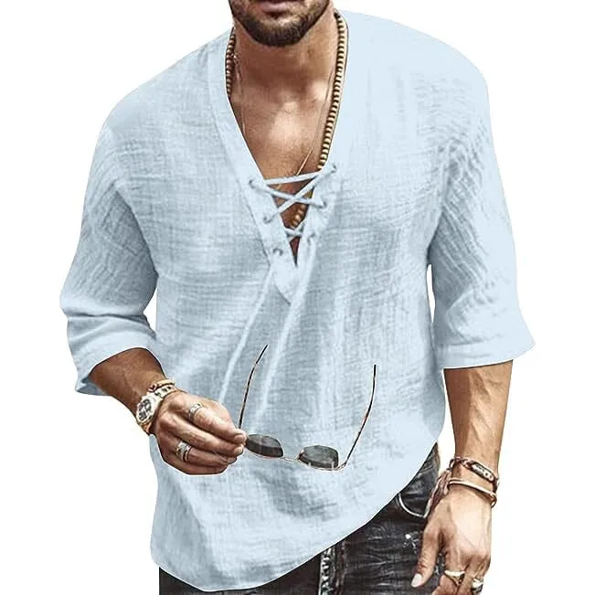 Men's Fashion Shirt Short Sleeve Beach V-Neck Drawstring
