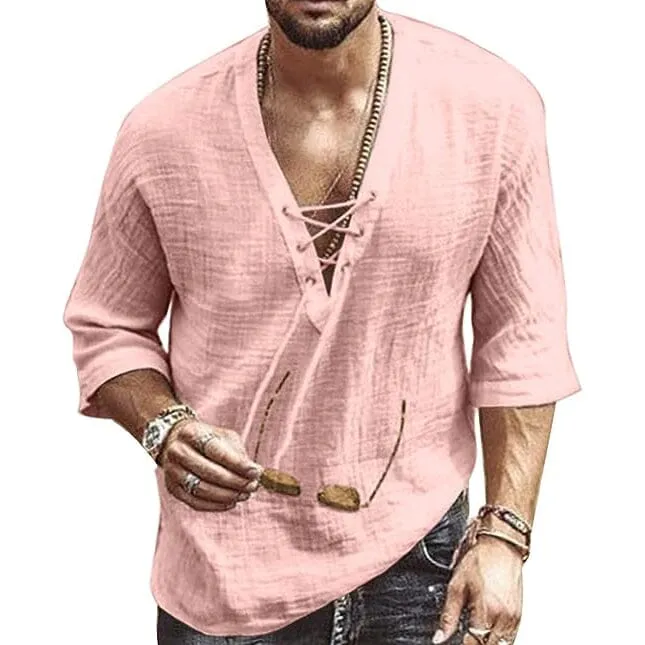 Men's Fashion Shirt Short Sleeve Beach V-Neck Drawstring