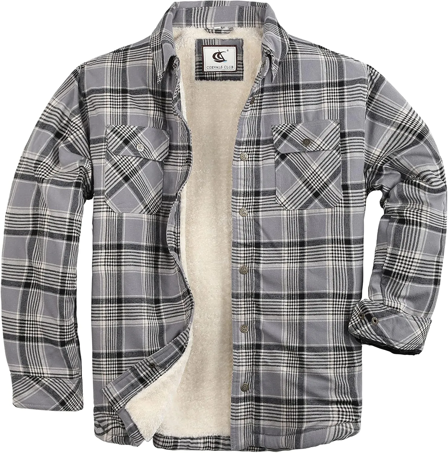 Men's Sherpa Lined Flannel Quilted Jacket Long Sleeve Cotton Plaid Snap Button Up Shirts Jacket