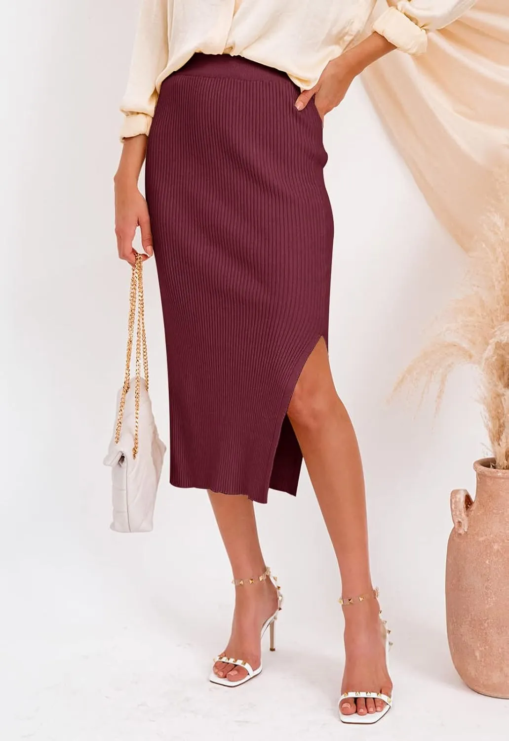 Midi Pencil Basic Skirt Casual Solid Split Side Stretchy Ribbed Knit Bodycon Mid Length Skirts for Women