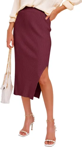 Midi Pencil Basic Skirt Casual Solid Split Side Stretchy Ribbed Knit Bodycon Mid Length Skirts for Women