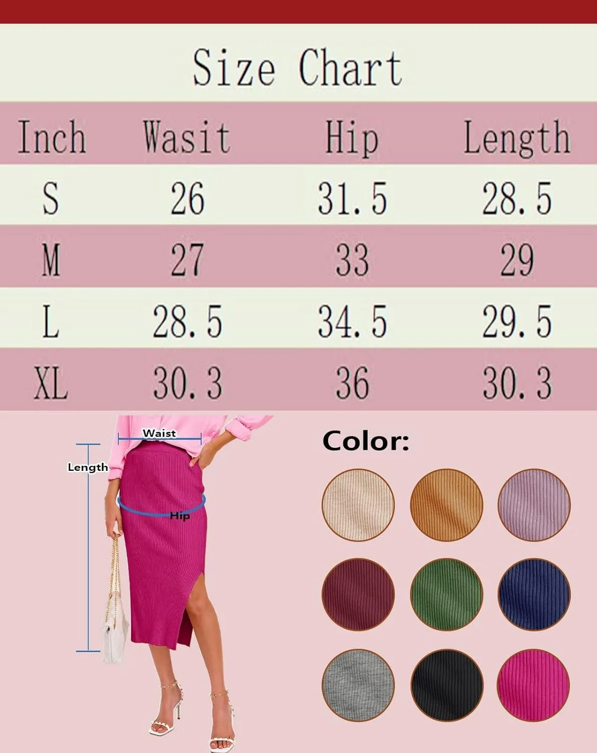 Midi Pencil Basic Skirt Casual Solid Split Side Stretchy Ribbed Knit Bodycon Mid Length Skirts for Women