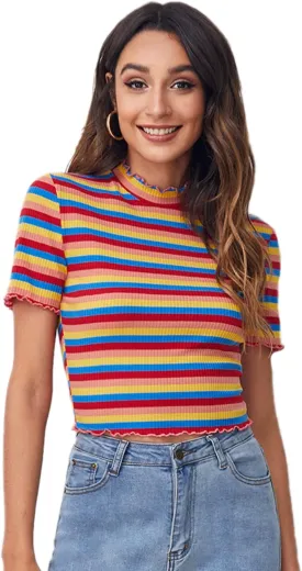 Milumia Women's Casual Multi Striped Ribbed Short Sleeve Solid Tee Knit Top