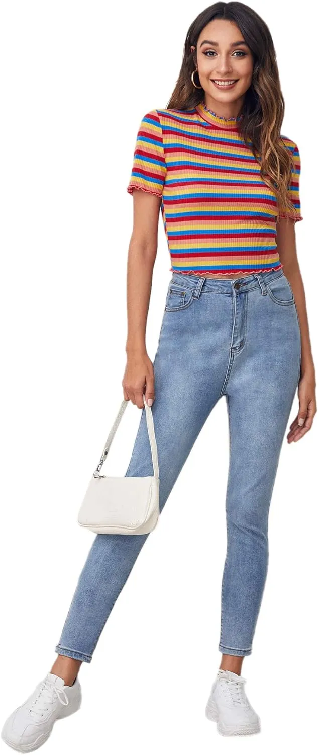 Milumia Women's Casual Multi Striped Ribbed Short Sleeve Solid Tee Knit Top