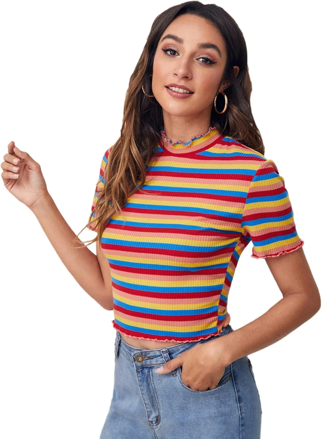 Milumia Women's Casual Multi Striped Ribbed Short Sleeve Solid Tee Knit Top