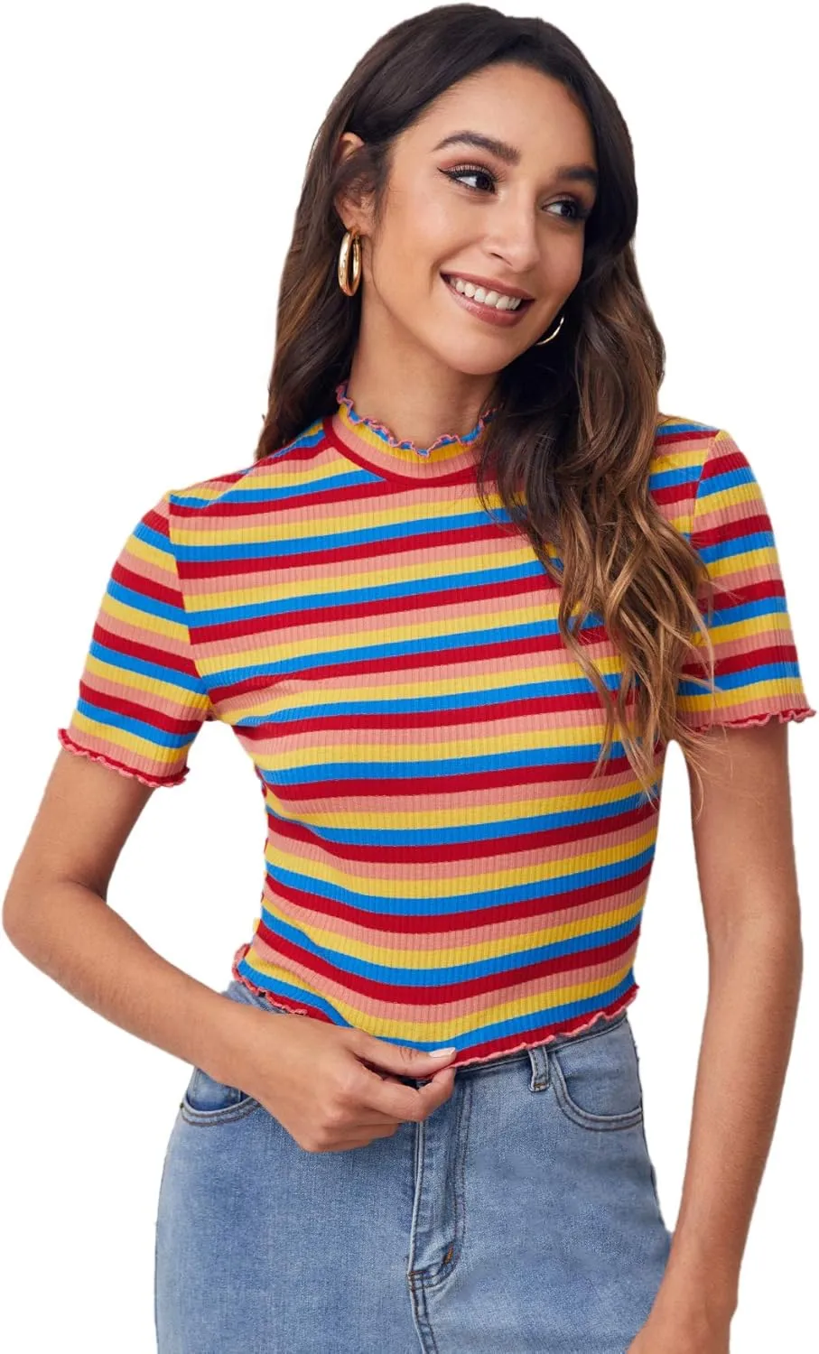 Milumia Women's Casual Multi Striped Ribbed Short Sleeve Solid Tee Knit Top