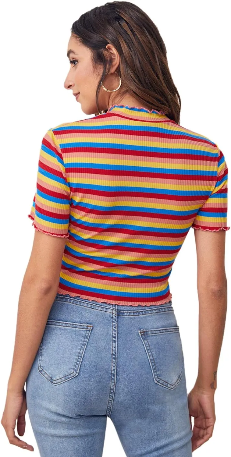 Milumia Women's Casual Multi Striped Ribbed Short Sleeve Solid Tee Knit Top