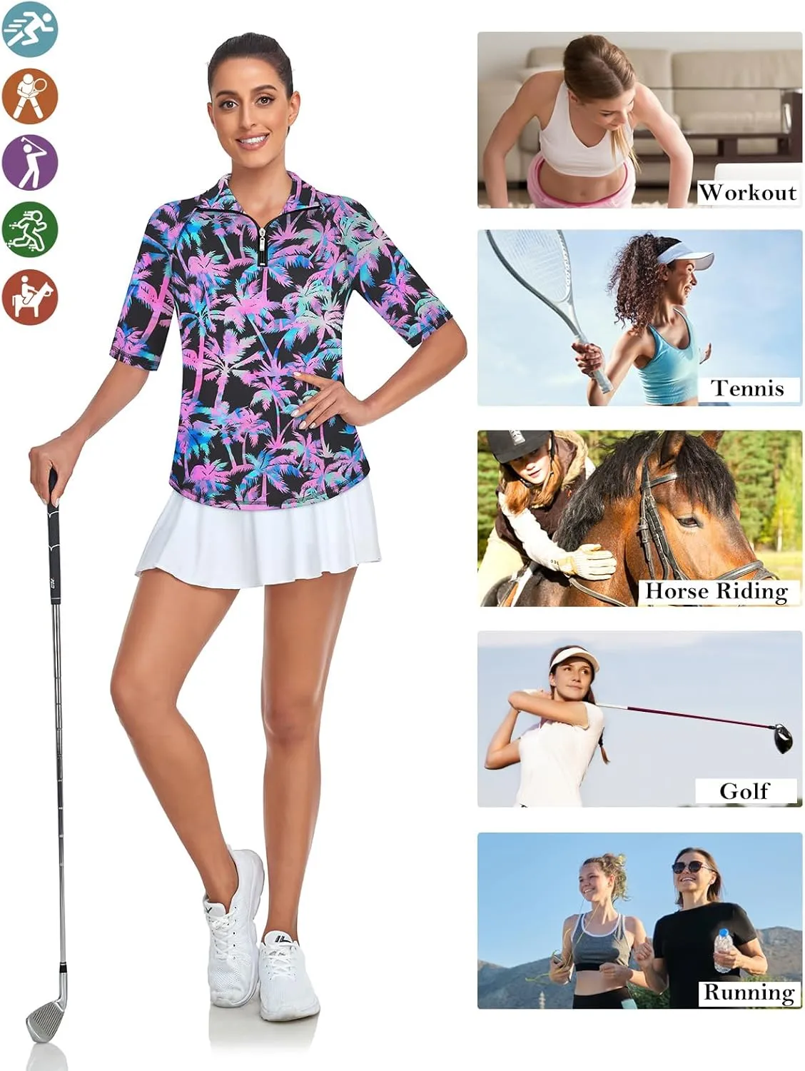 Misyula Womens Golf Shirt Quick Dry Half Sleeve Quarter Zip Polo Workout Tops Tennis Shirts M-3XL