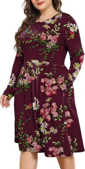 POSESHE Women's Plus Size Dresses 2024 Long Sleeves Crew Neck Casual Dresses Empire Waist Loose Flowy Dress with Pockets