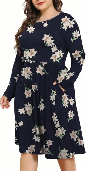 POSESHE Women's Plus Size Dresses 2024 Long Sleeves Crew Neck Casual Dresses Empire Waist Loose Flowy Dress with Pockets