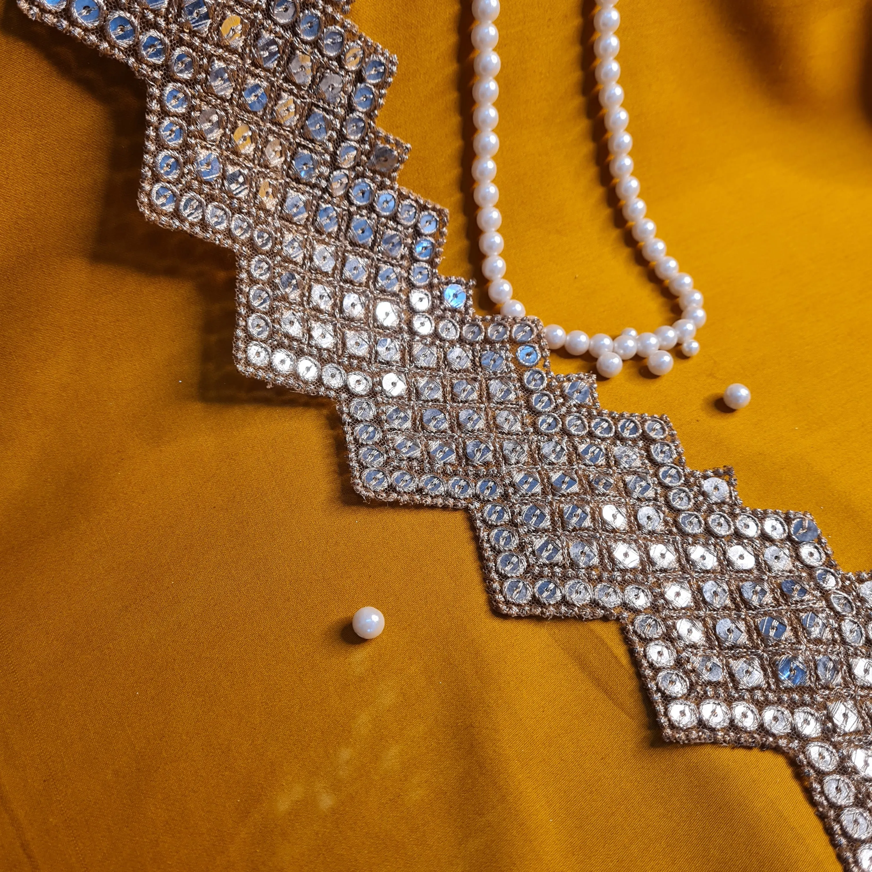 Premium Gold Zigzag Zari Sequins Embroidery Lace
