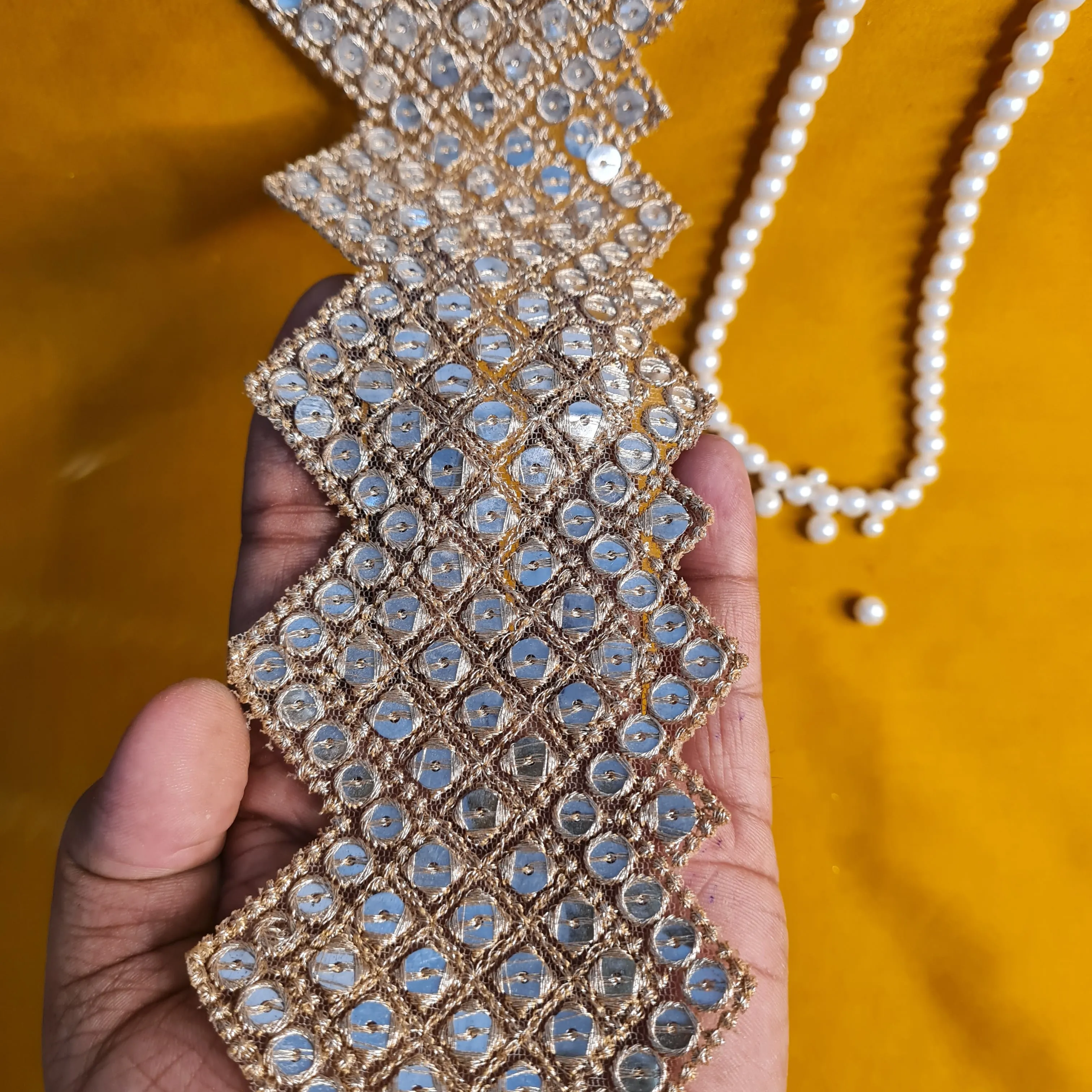 Premium Gold Zigzag Zari Sequins Embroidery Lace