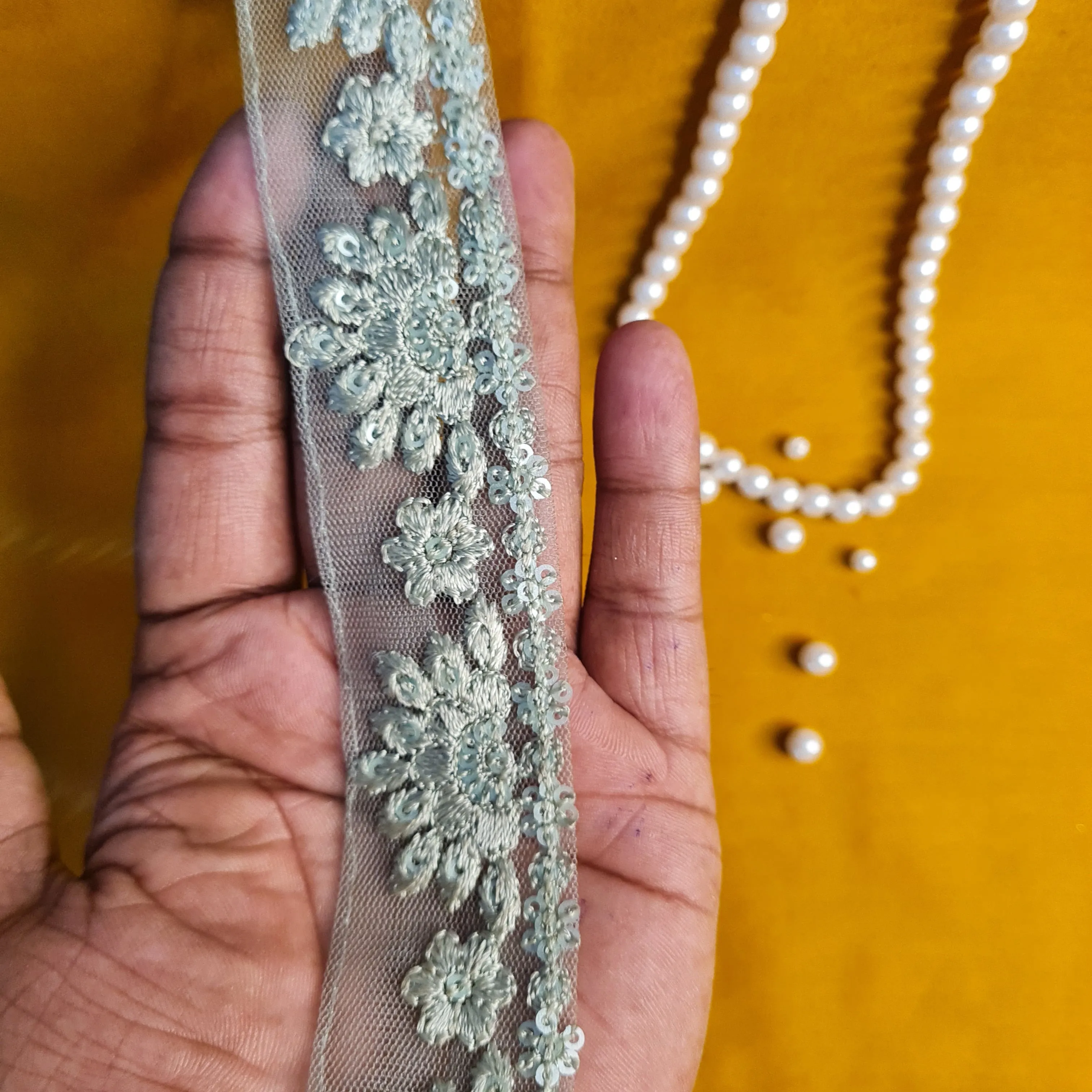 Premium Sage Green Sequins Embroidery Lace
