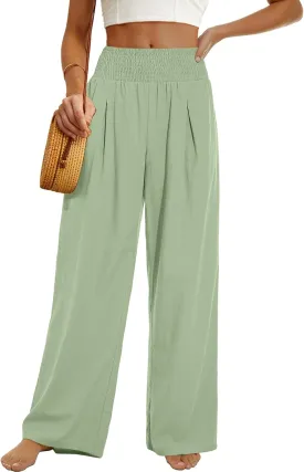 PrinStory Womens Summer Mix Cotton Linen Palazzo Pants High Waisted Wide Leg Long Lounge Trousers with Pocket