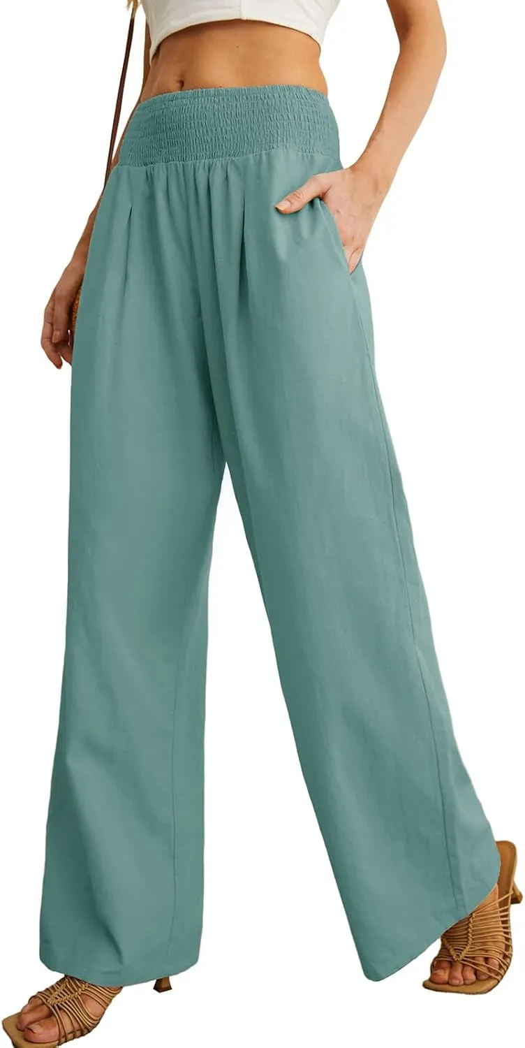 PrinStory Womens Summer Mix Cotton Linen Palazzo Pants High Waisted Wide Leg Long Lounge Trousers with Pocket