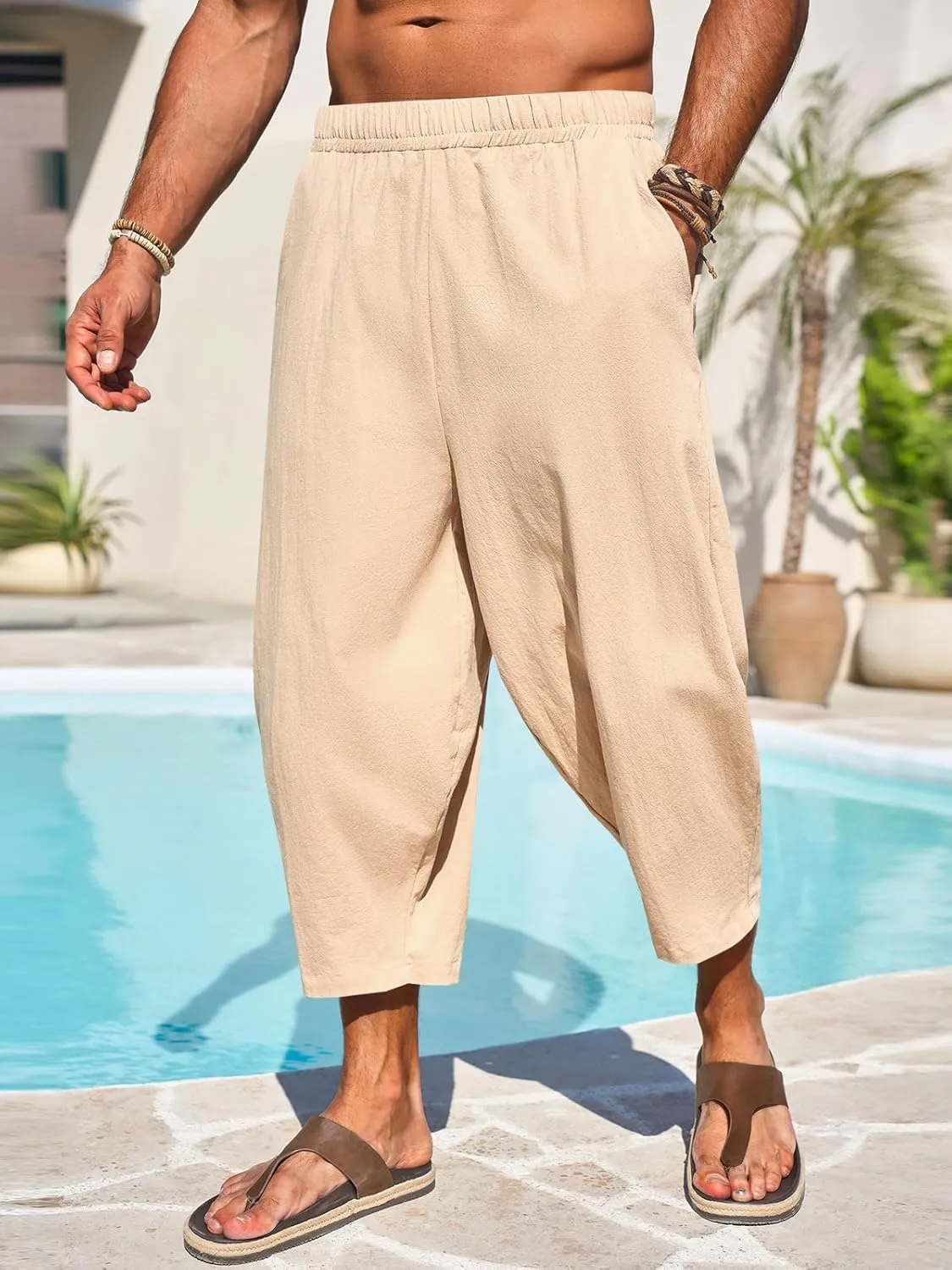 Runcati Mens Cotton Harem Capri Pants Yoga Beach Baggy 3/4 Shorts Pants Casual Elastic Waist Hippie Boho Pants